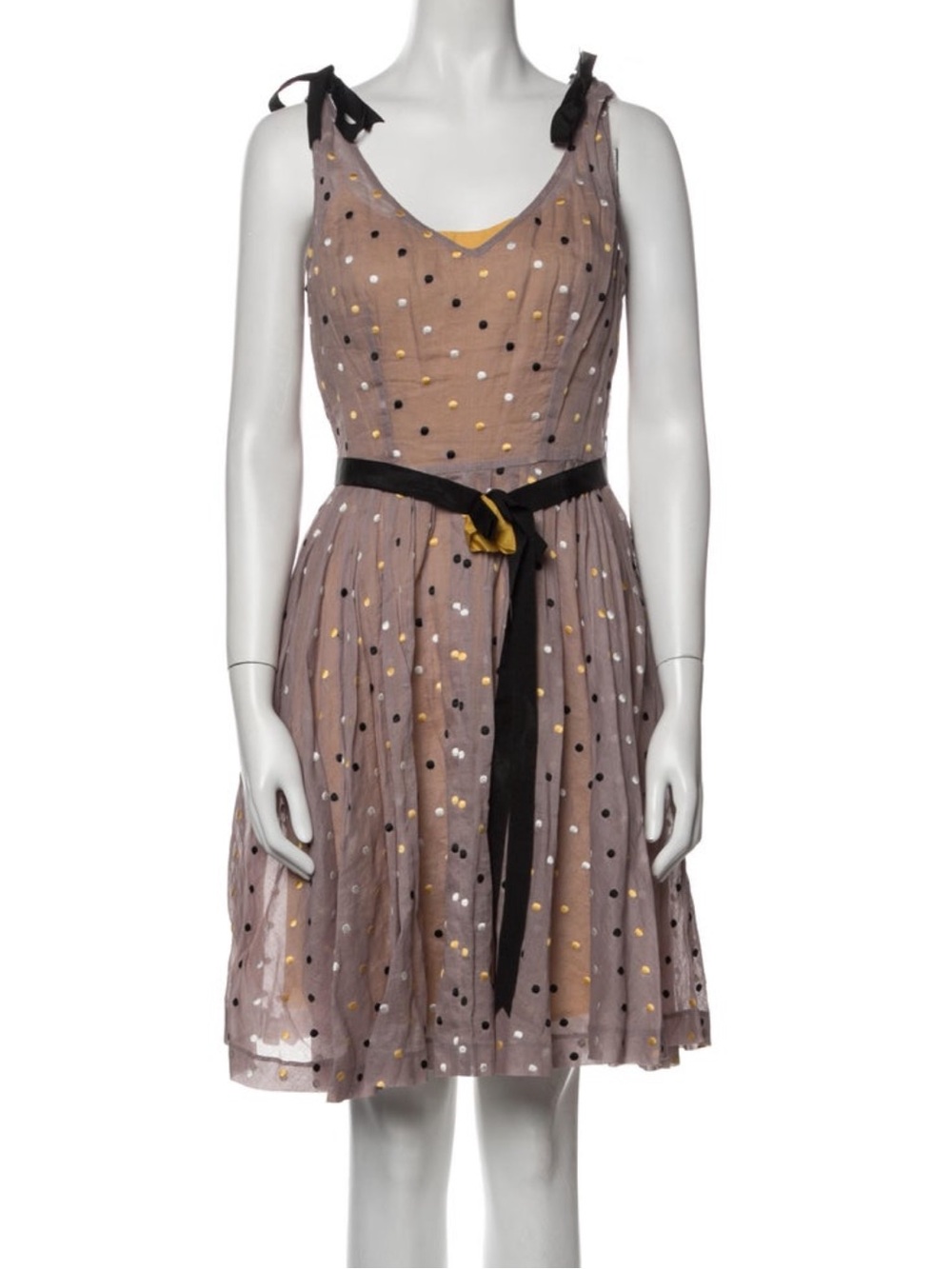 Taupe Polka Dot Midi Dress with Black Ribbon